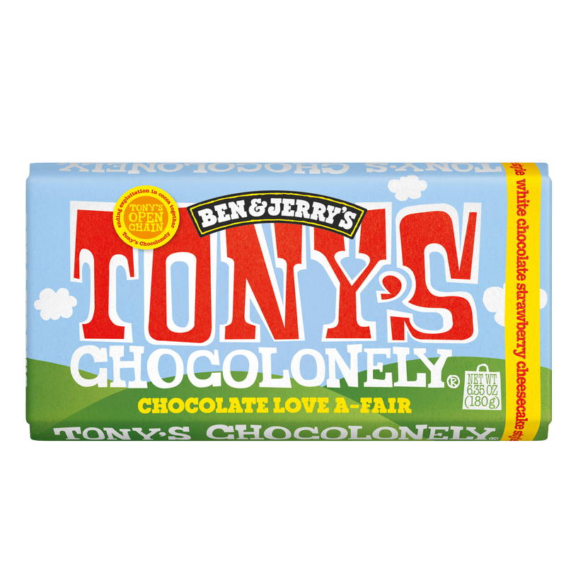 Tony's Chocolonely and Ben & Jerry's Love A-Fair White Chocolate Strawberry Cheesecake Bar 6.35oz
