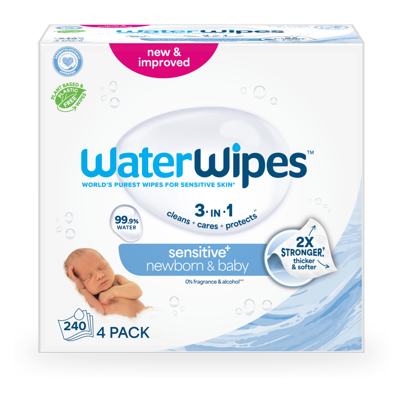 WaterWipes Sensitive+ Newborn & Baby Wipes, 240 Count (4 Packs)