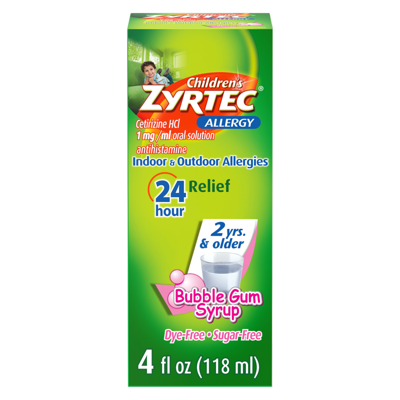 Children’s Zyrtec Allergy Syrup, Dye-Free, Sugar-Free Bubble Gum, 4 Fl. Oz