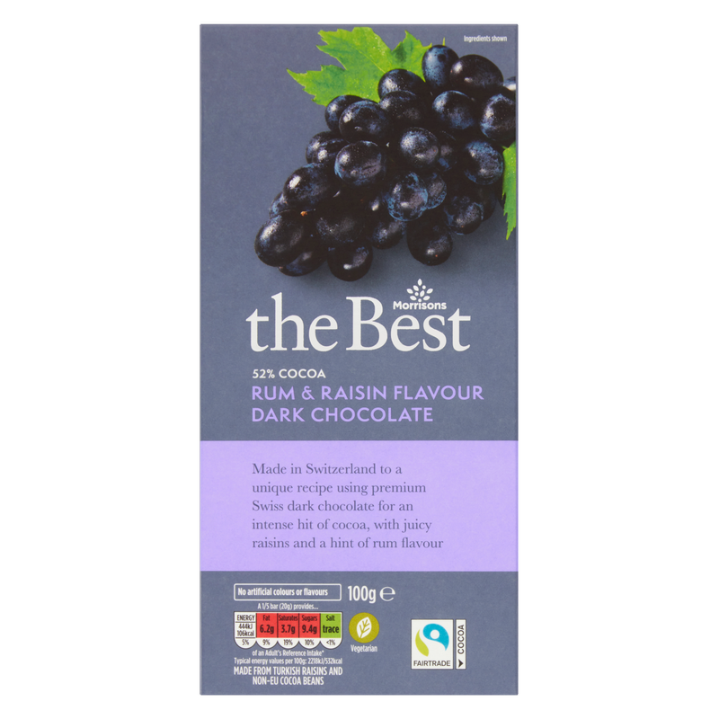 Morrisons The Best Fairtrade 52% Rum & Raisin Flavour Dark Chocolate, 100g