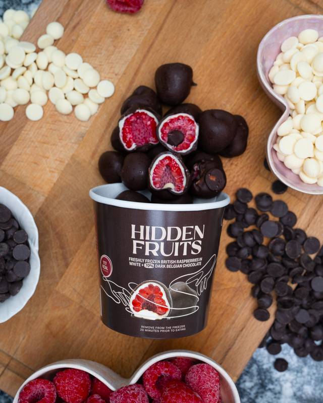 Hidden Fruits White & 70% Dark Belgian Chocolate Coated Raspberries, 150g