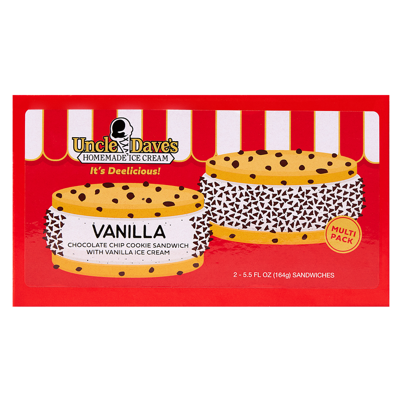 Uncle Dave's Super Premium Chocolate Chip Cookie Sandwich with Vanilla Ice Cream Two Pack