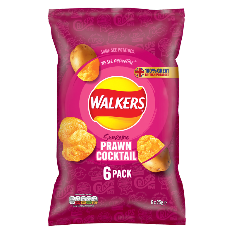 Walkers Prawn Cocktail Crisps, 6 x 25g