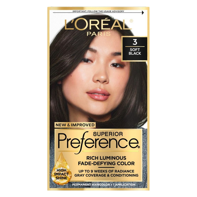 L'Oreal Paris Superior Preference Luminous Fade-Defying Permanent Hair Color, 3 Soft Black, 1 kit