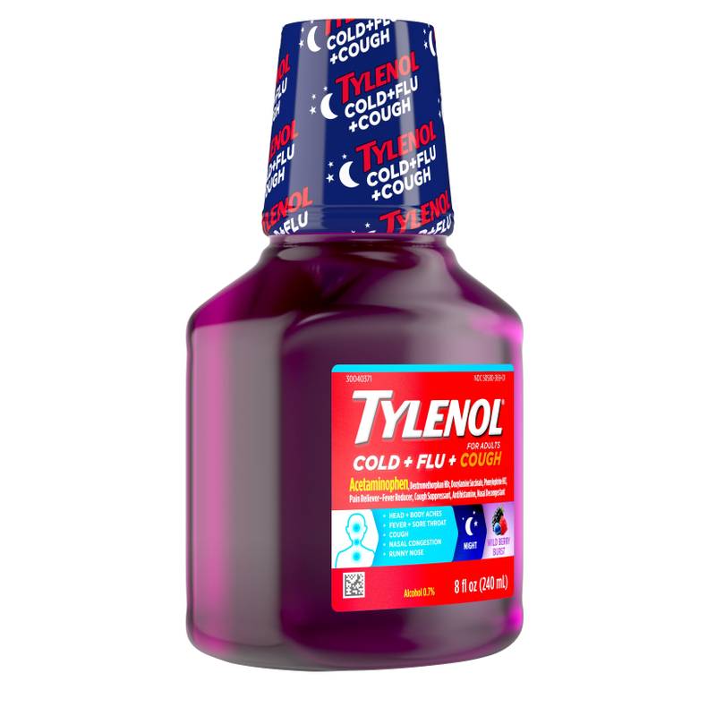 Tylenol Cold + Flu + Cough Night Liquid, Wild Berry Burst, 8 Fl. Oz