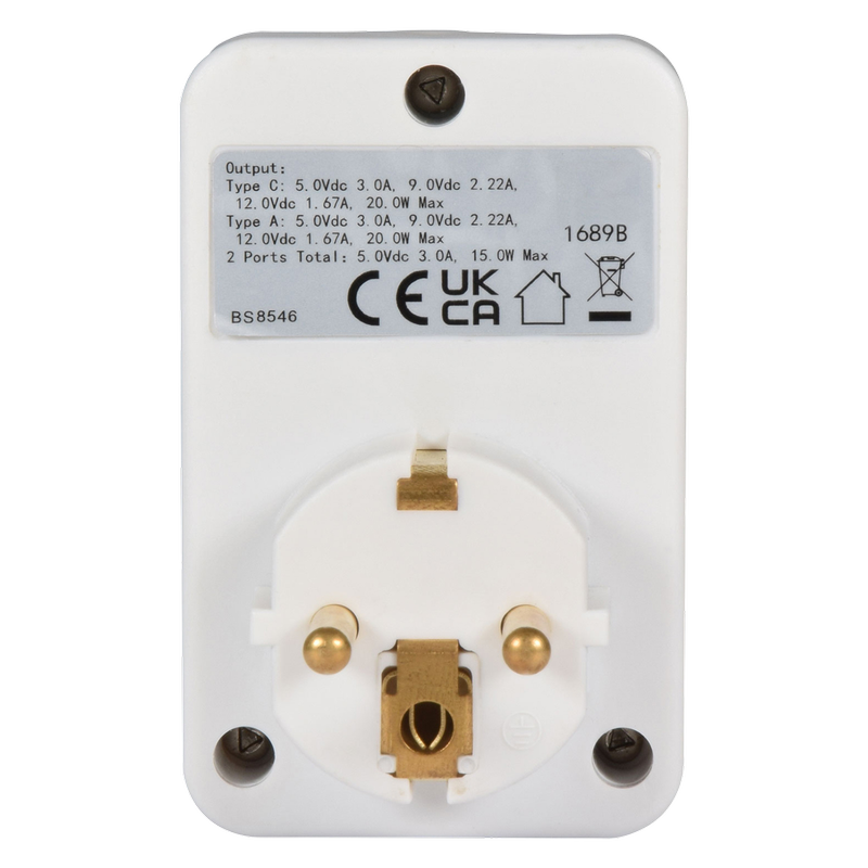 Maplin UK to Europe Travel Adapter with USB-A & USB-C, 1pcs