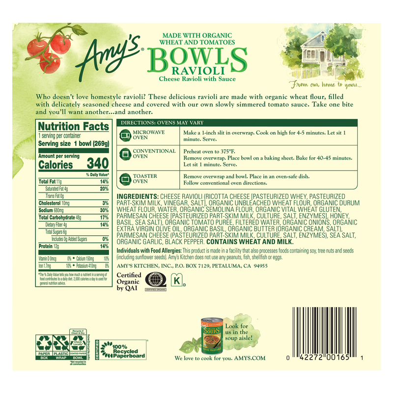 Amy's Frozen Bowls Cheese Ravioli with Sauce 9.5oz
