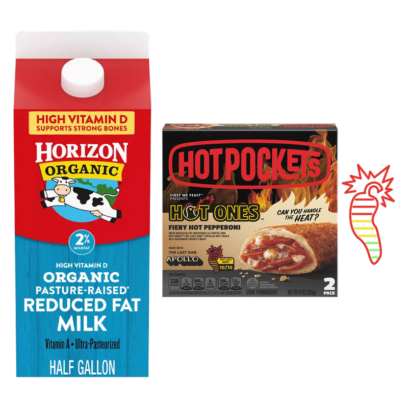 Hot Ones Fiery Hot Pepperoni Hot Pocket & Organic 2% Milk Bundle