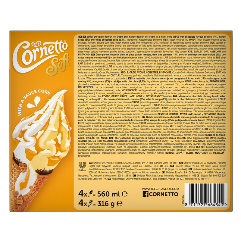 Cornetto Soft Mango & White Chocolate, 4 x 140ml