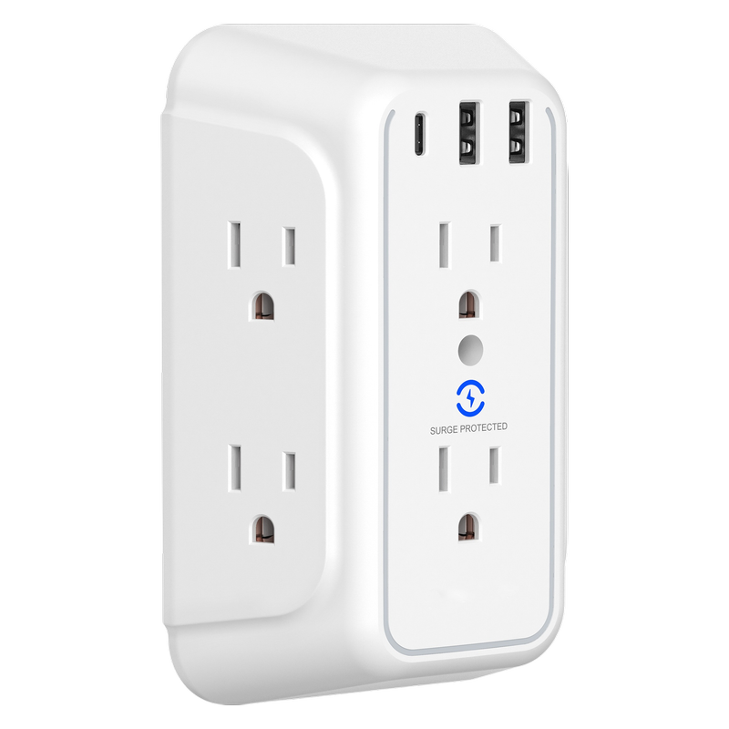 USB Wall Charger/Surge Protector 6-Outlet Extender with 2 USB Charging Ports 3-Sided Power Strip with Adapter Spaced Outlets