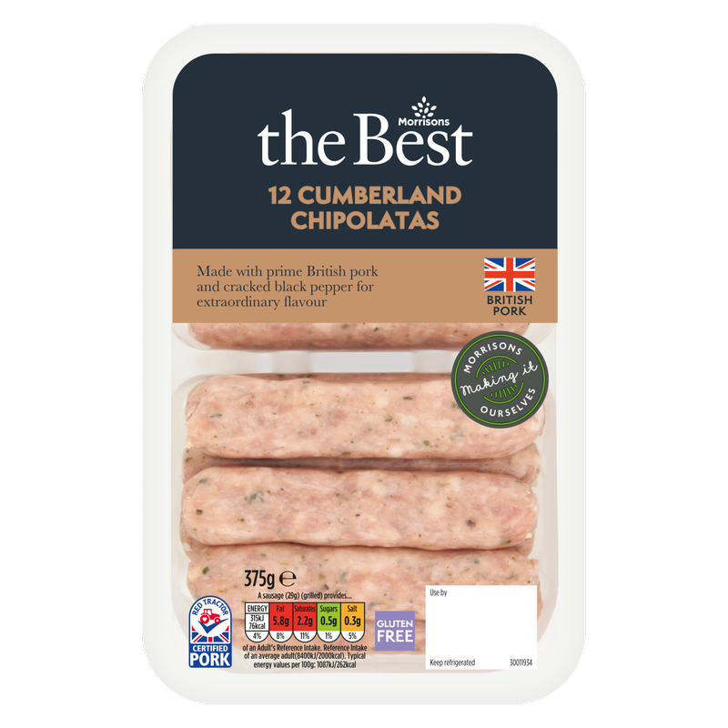 Morrisons The Best 12 Gluten Free Cumberland Chipolatas, 375g