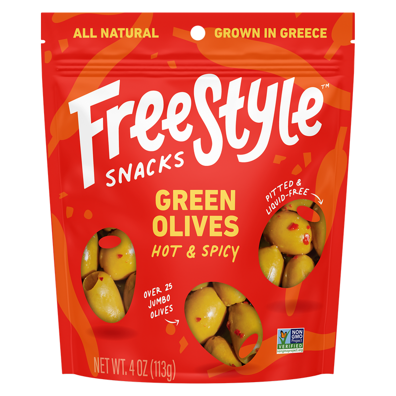 Freestyle Snacks Green Olives Hot & Spicy 4oz pouch