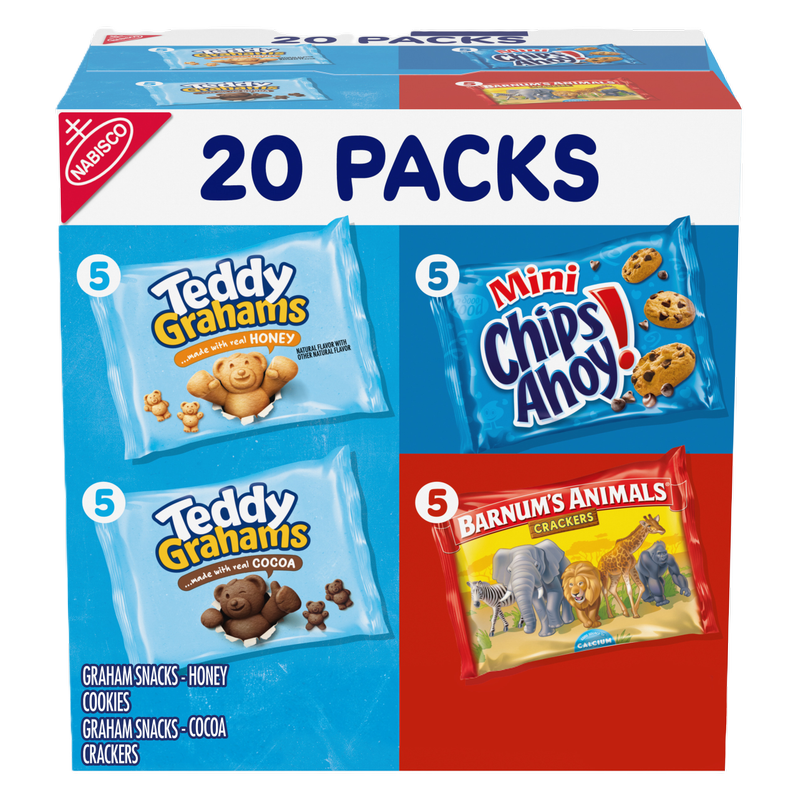 Nabisco Fun Shapes Variety Pack, Barnum's Animal Crackers, Teddy Grahams and CHIPS AHOY! Cookies, 20 Snack Packs