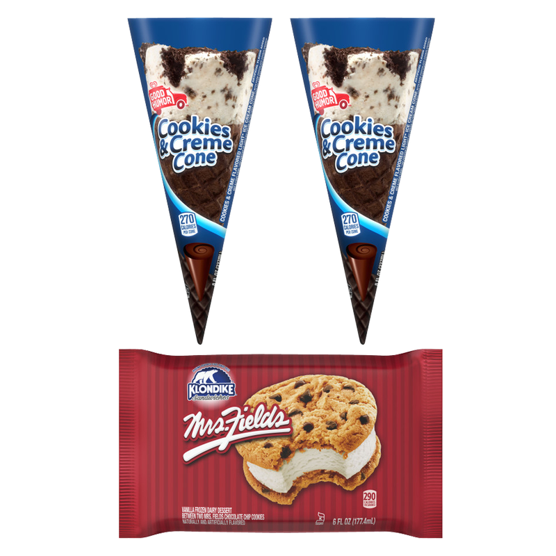 Good Humor Cookies & Cream Giant Cone and Mrs. Fields Cookie Ice Cream Sandwich Bundle