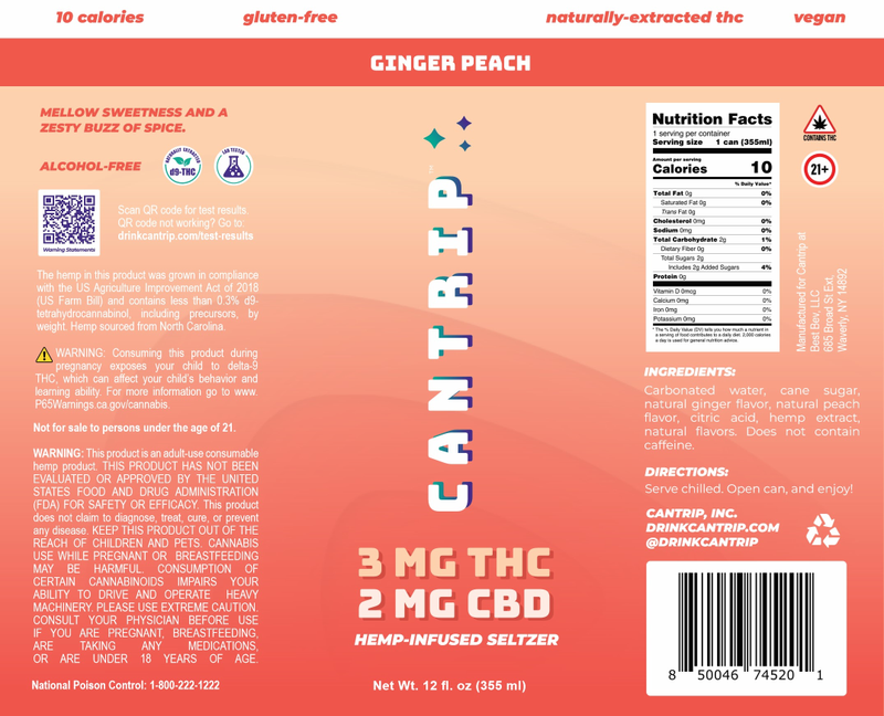 Cantrip Ginger Peach 3mg THC 2mg CBD Seltzer 24pk 12oz