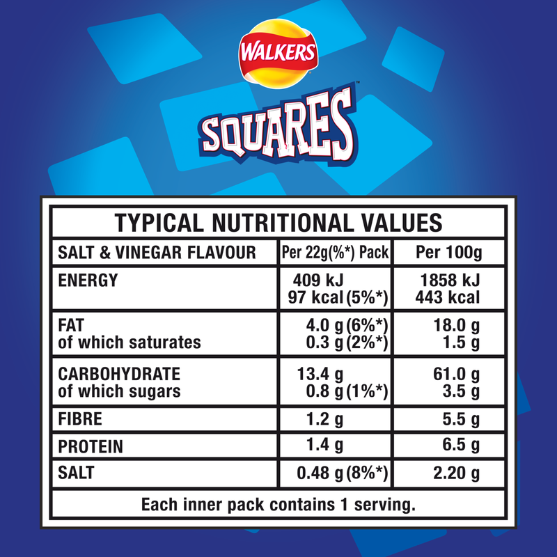 Walkers Squares Salt & Vinegar, 6 x 22g