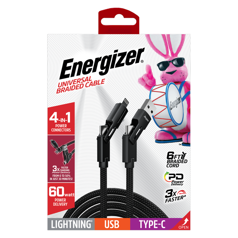  Energizer 4-in-1 Braided Charging Cable (Lightning, Type-C, Micro & USB) 6.5ft