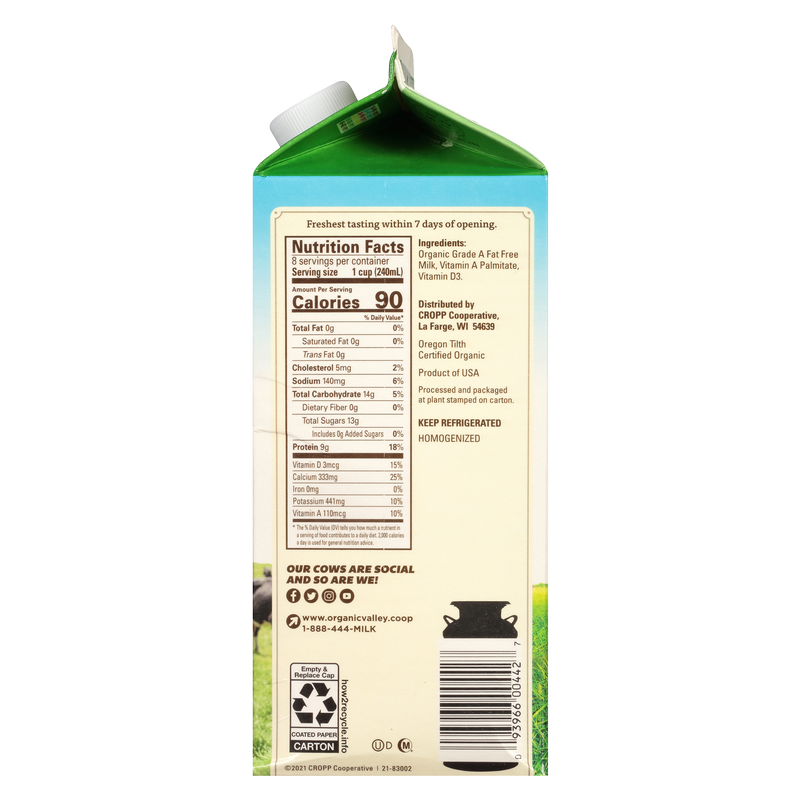 Organic Valley Fat Free Milk 1/2 Gallon CA
