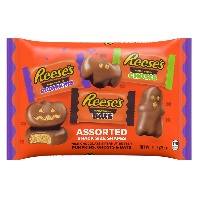 REESE'S Assorted Milk Chocolate Snack Size Peanut Butter Shapes, Halloween Candy Variety Bag, 9 oz