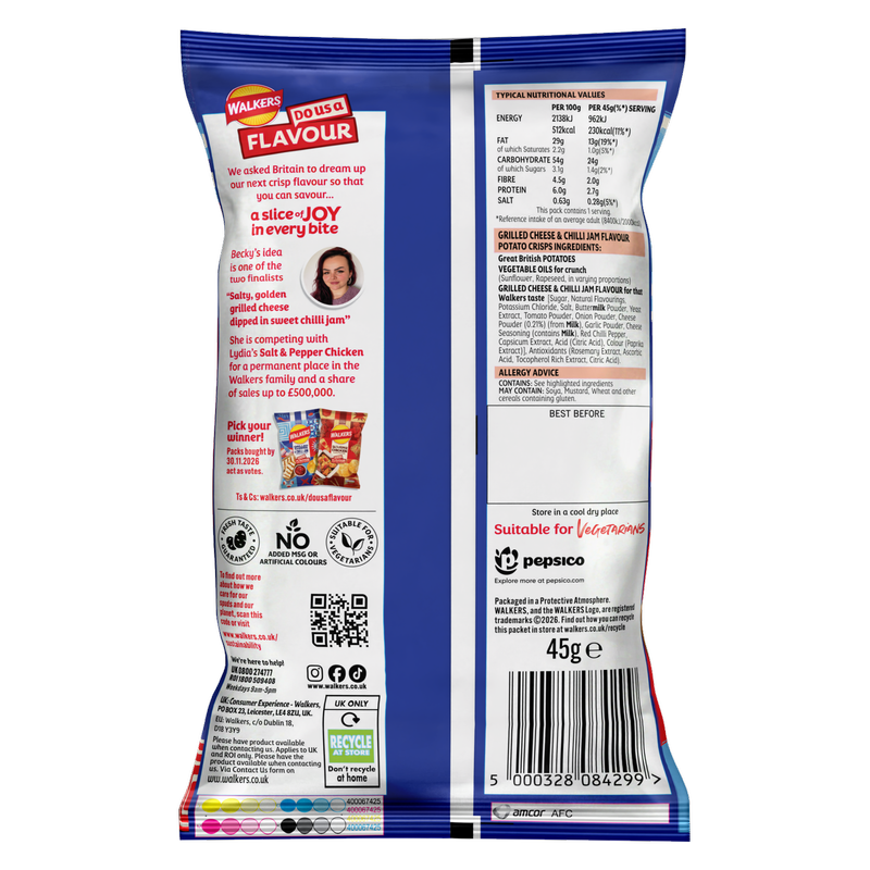 Walkers Grilled Cheese & Chilli Jam Crisps, 45g