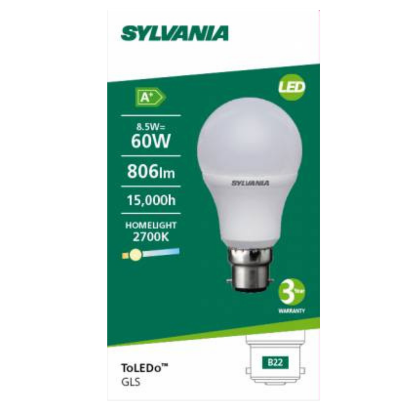 Sylvania Bayonet Warm White LED Light Bulb 8.5W 806LM, 1pcs