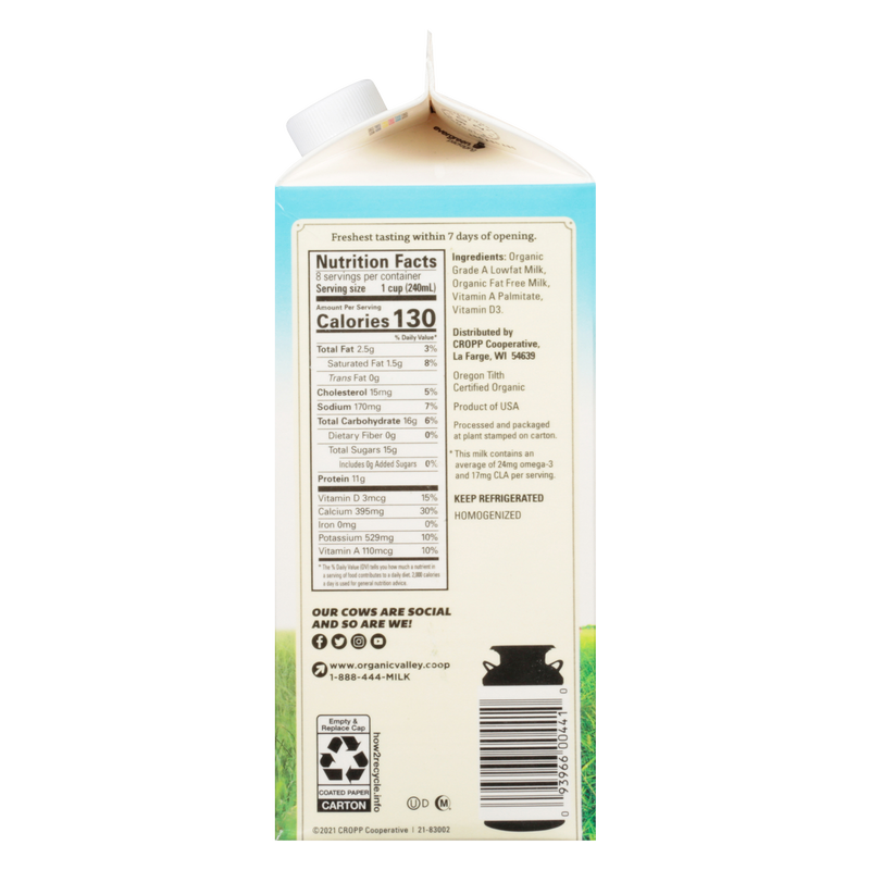 Organic Valley 1% Reduced Fat Milk 1/2 Gallon CA