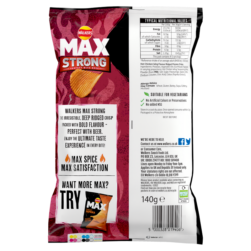 Walkers Max Strong Hot Chicken Wing, 140g