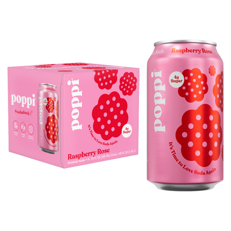 Poppi Prebiotic Soda Raspberry Rose 4pk 12oz Can