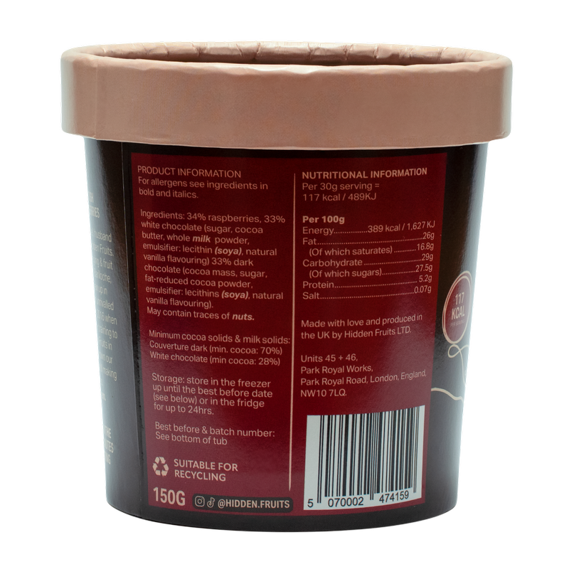 Hidden Fruits White & 70% Dark Belgian Chocolate Coated Raspberries, 150g