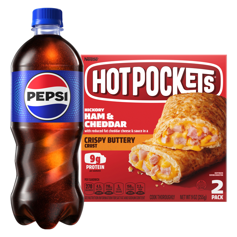 Hot Pockets Frozen Crispy Buttery Crust Hickory Ham & Cheddar 2ct 9oz & Pepsi 20oz Btl