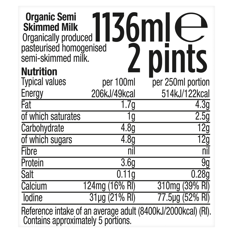 Morrisons Organic Semi Skimmed Milk 2 pints, 1136ml