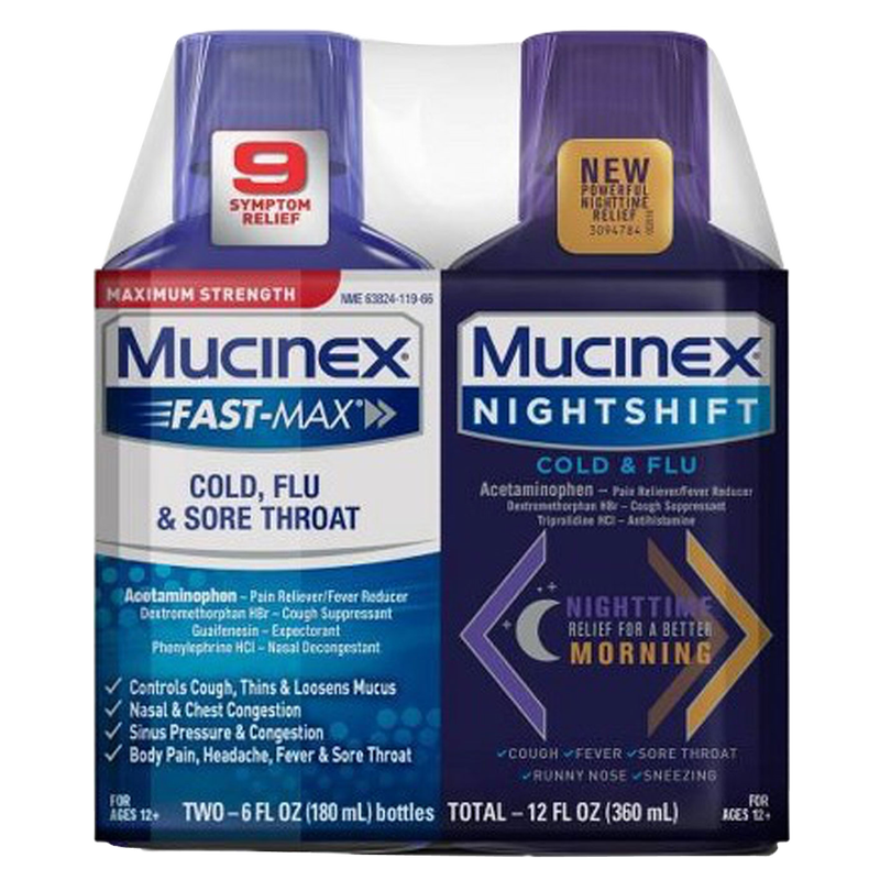 Mucinex Fast-Max & Night Shift Cold, Flu, Sore Throat, Severe Congestion & Pain Combo Liquid 2ct 12oz