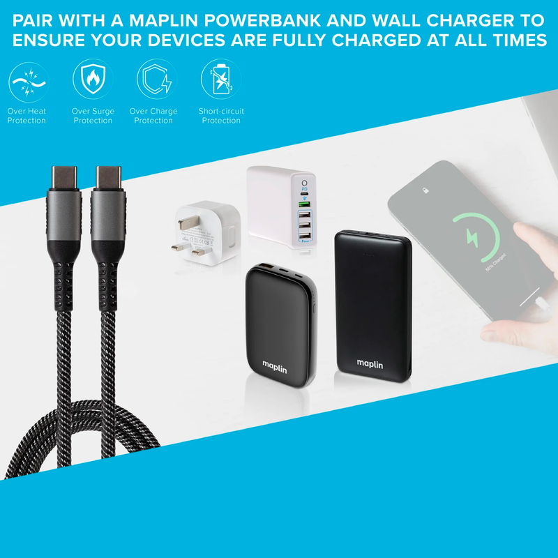 Maplin USB-C to USB-C Cable 1m Black, 1pcs
