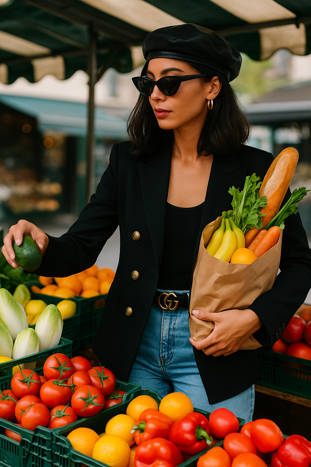 woman hand picking fruit and veg from a market stall