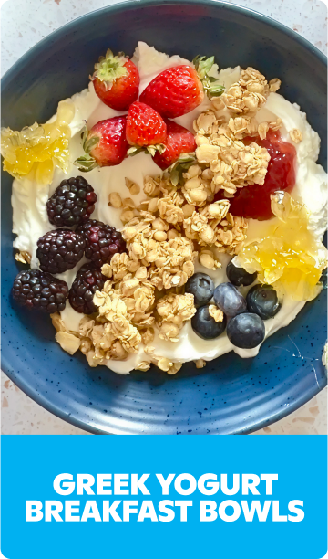 Gopuff Greek yogurt breakfast bowl with strawberries, blackberries, blueberries, granola, honeycomb. Order now!