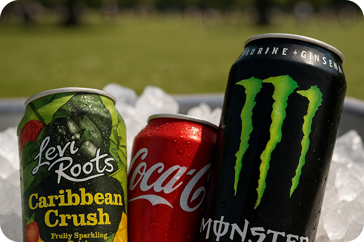 Cooler filled with Monster, coca-cola and Levi roots Carribean drink