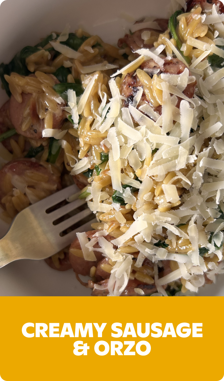 Gopuff Creamy Sausage & Orzo pasta with spinach, grated cheese. Scan Now for delivery.