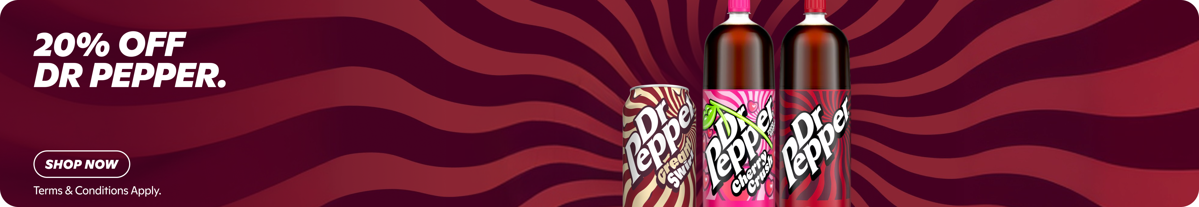 20% off Dr Pepper drinks: Creamy Swirl can, Cherry Crush bottle. Shop now.