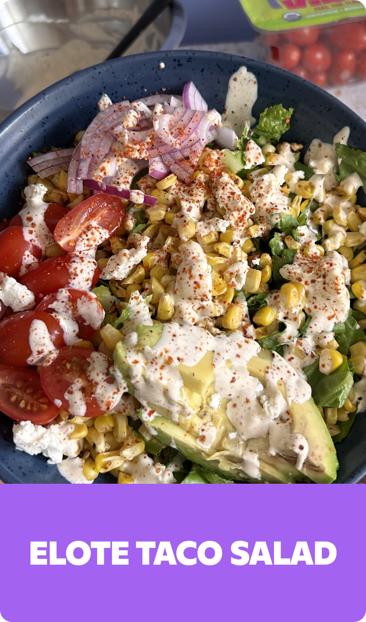 Gopuff ELOTE TACO SALAD with corn, avocado, tomatoes, onion, cheese, and creamy dressing. Order now!