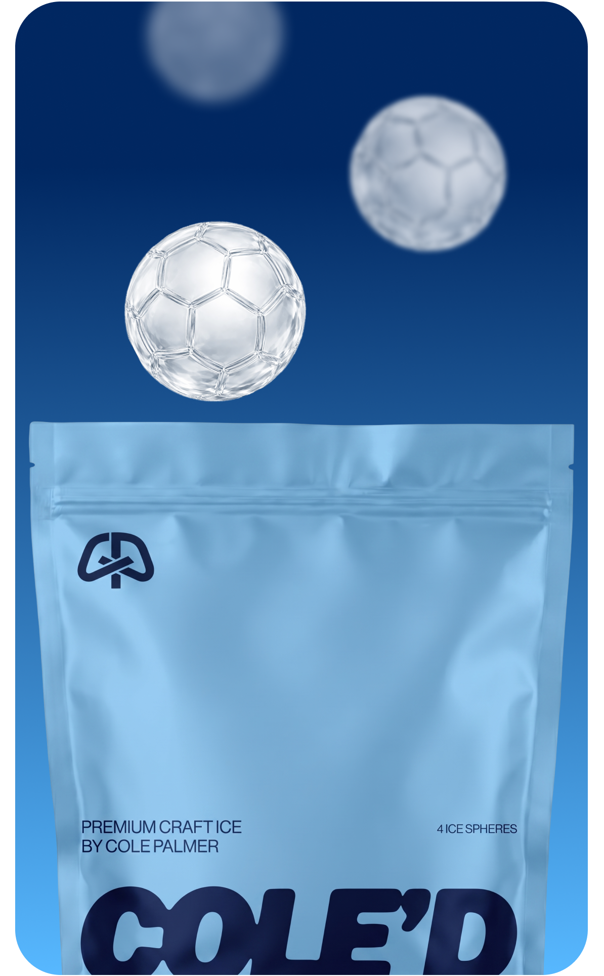 Gopuff COLE'D premium craft ice by Cole Palmer: 4 ice spheres in a light blue pouch.