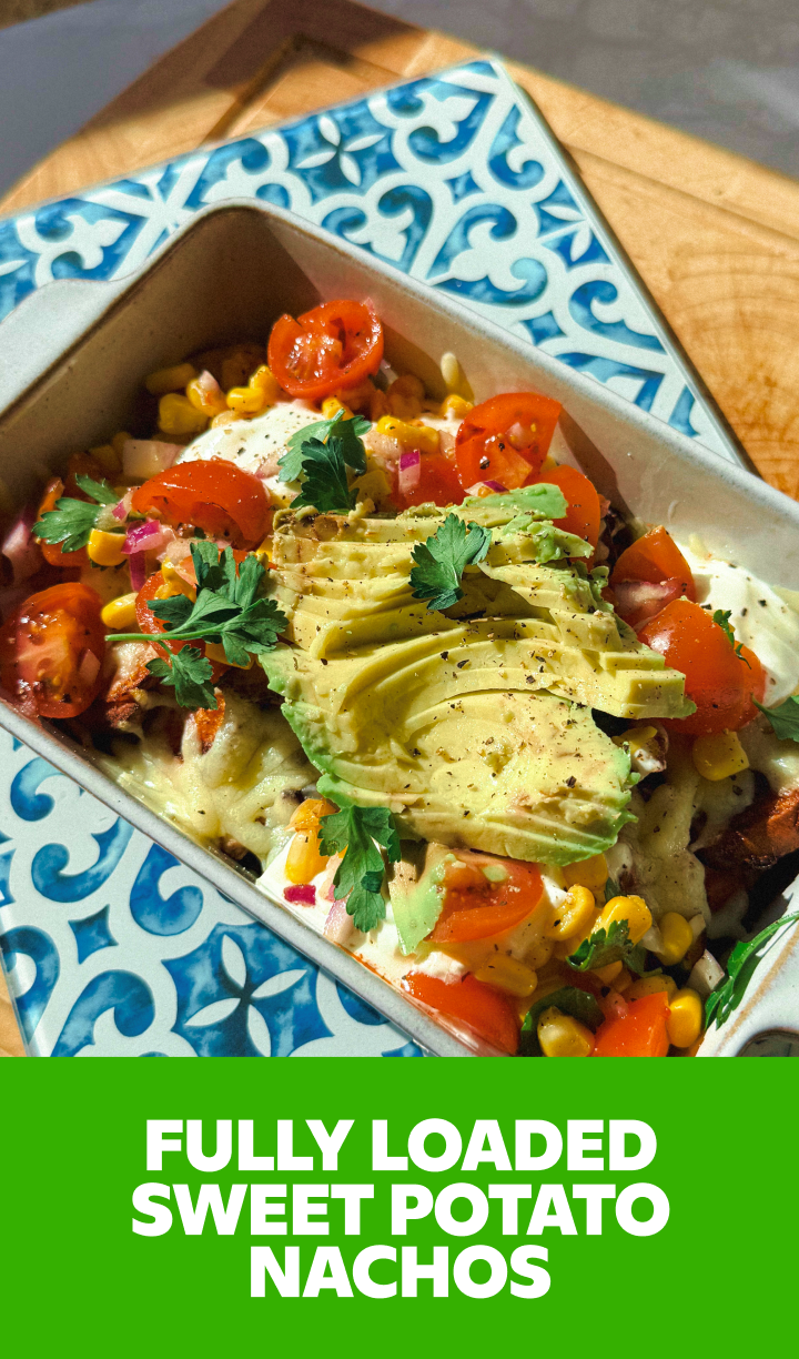 Gopuff Fully Loaded Sweet Potato Nachos with avocado, tomato, corn, cheese. Order now!
