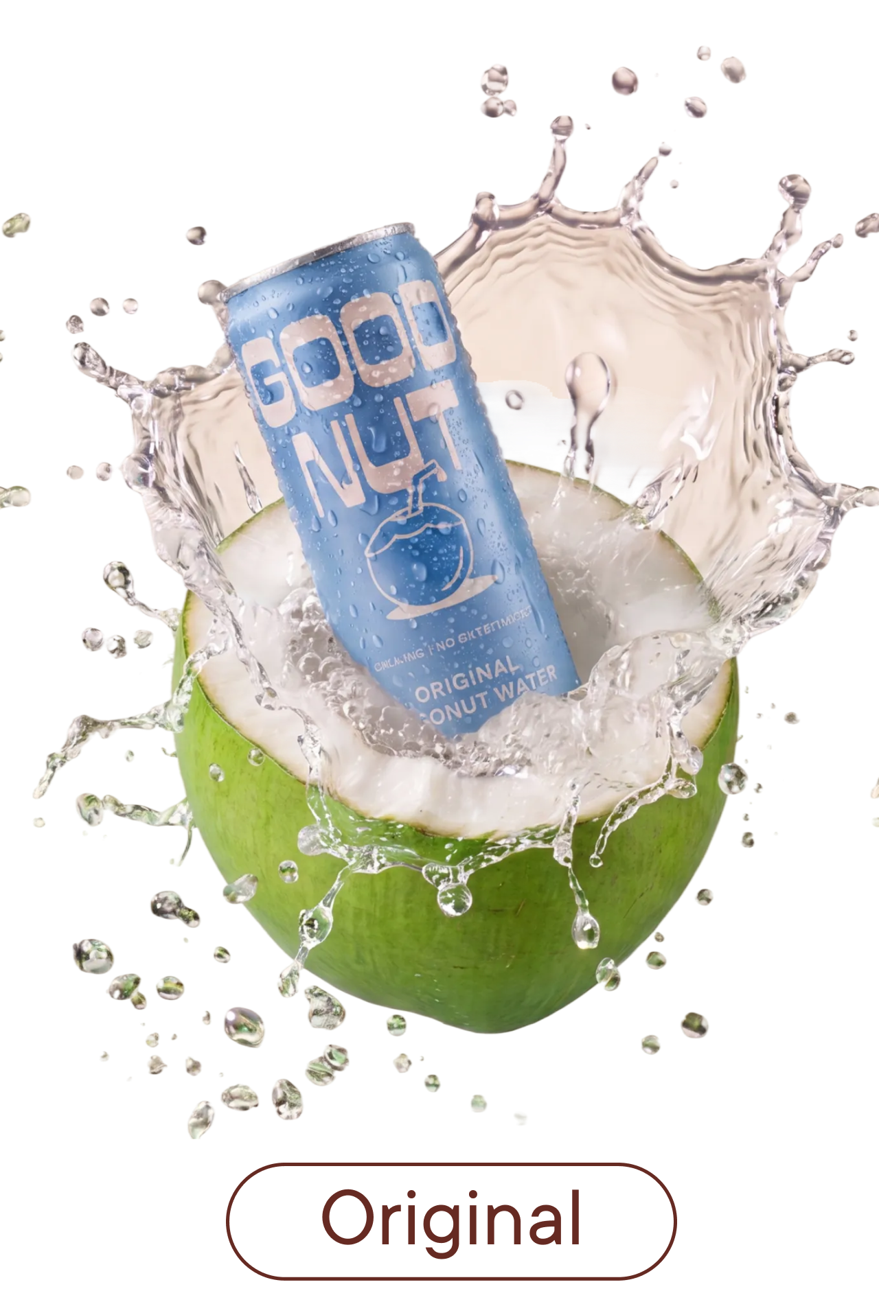GOOD NUT Original Coconut Water can splashing into a green coconut. Available on Gopuff.
