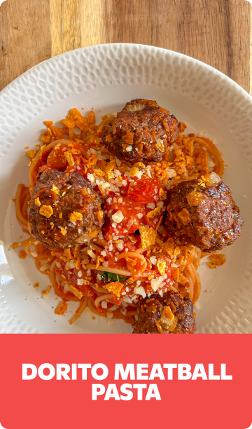 Gopuff's Dorito Meatball Pasta, topped with crushed Doritos and cheese. Order now!