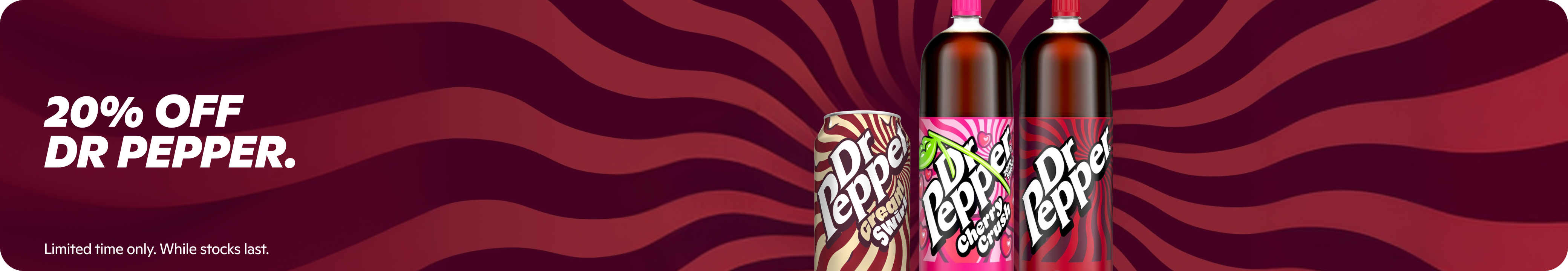 Gopuff offers 20% OFF DR PEPPER drinks, including Cream Swirl and Cherry Crush, for a limited time.