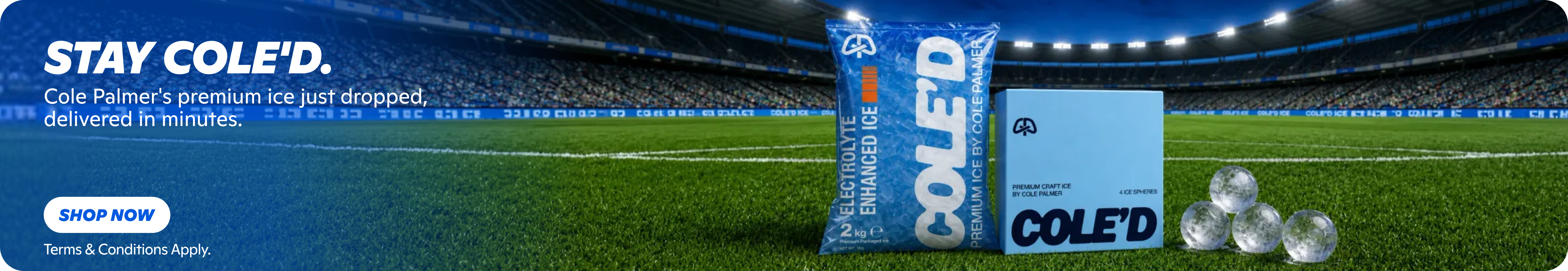 Cole Palmer's COLE'D premium ice: electrolyte bag, craft spheres on stadium field. Shop Now, delivered in minutes.