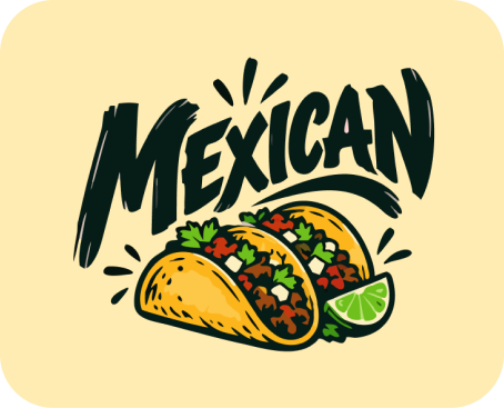 "MEXICAN" text above two delicious tacos with meat, toppings, and a fresh lime wedge.