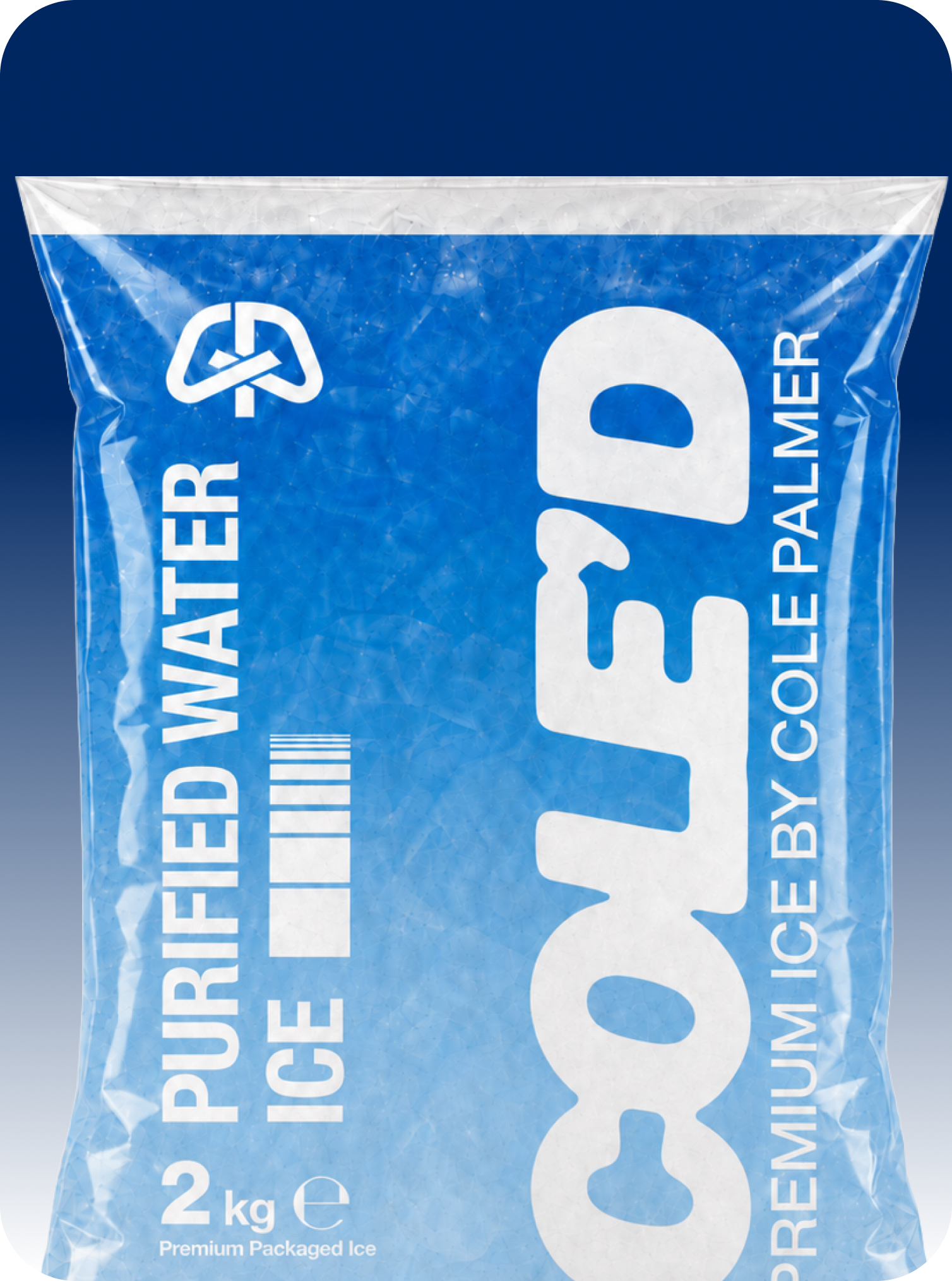 COLED Premium Ice by COLE PALMER, 2 kg bag of purified water ice.
