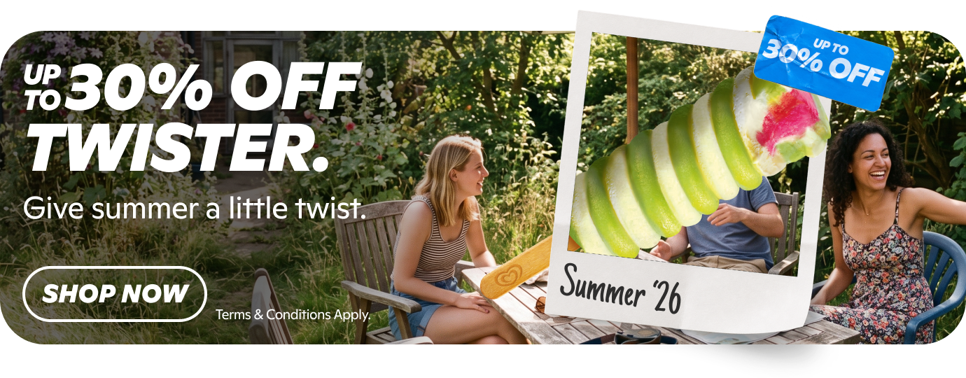 Gopuff: Up to 30% OFF TWISTER ice lollies. People enjoying summer outdoors. Shop now.