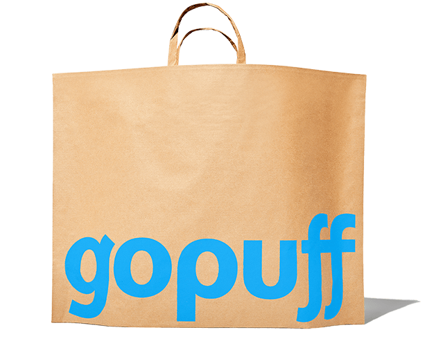 Gopuff brown paper delivery bag for snacks and drinks.