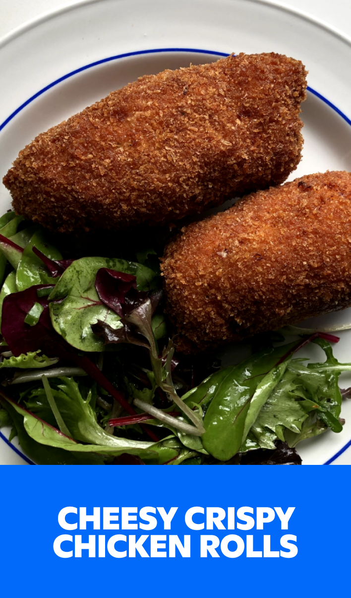 Gopuff's cheesy crispy chicken rolls served with fresh salad. Order now!